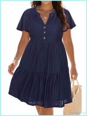 Plus Size Boho Summer Midi Sundress V-Neck Button Up Tiered A-Line